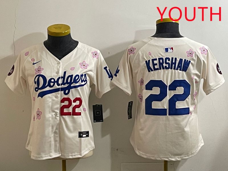 Youth Los Angeles Dodgers #22 Kershaw Cream Sakura Edition 2025 Nike MLB Jersey style 4->youth mlb jersey->Youth Jersey